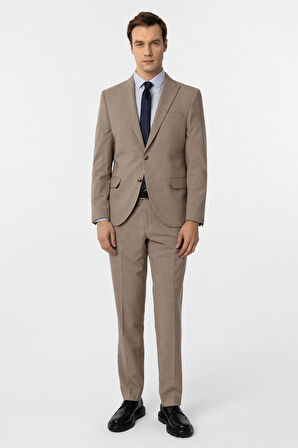 Sütlü Kahve Slim Fit Desenli Sivri Yaka 6 Drop Klasik Takım Elbise