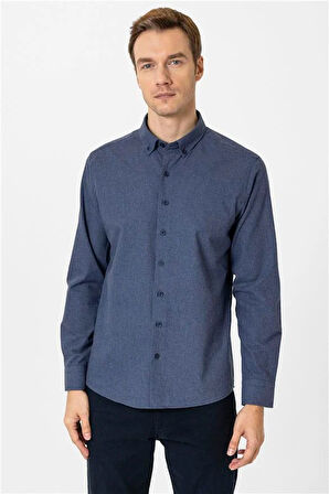 Lacivert Slim Düz Düğmeli Yaka Gömlek