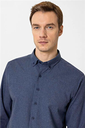 Lacivert Slim Düz Düğmeli Yaka Gömlek