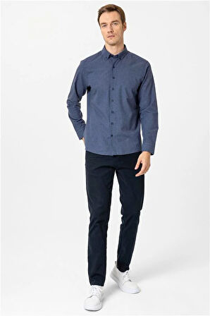 Lacivert Slim Düz Düğmeli Yaka Gömlek