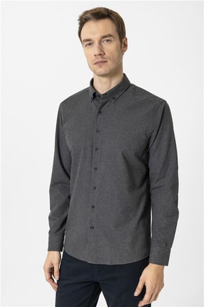 Siyah Slim Düğmeli Yaka Düz Casual Gömlek
