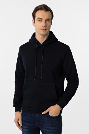 Lacivert Regular Düz Kapüşonlu Yaka Sweatshirt