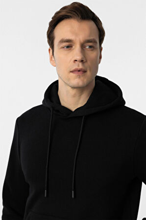 Siyah Regular Düz Kapüşonlu Yaka Sweatshirt