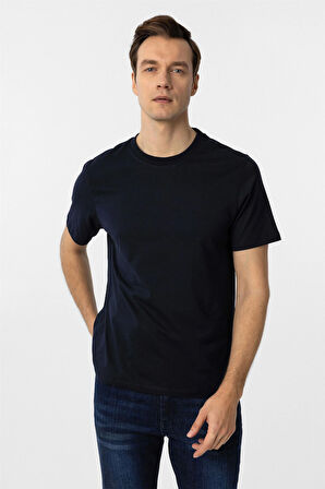 Lacivert Regular Düz Bisiklet Yaka Tişört