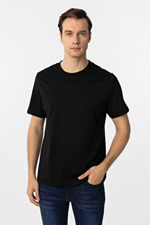 Siyah Regular Düz Bisiklet Yaka Tişört