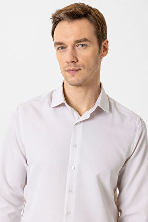 Bej Slim Fit Armürlü Klasik Yaka Gömlek
