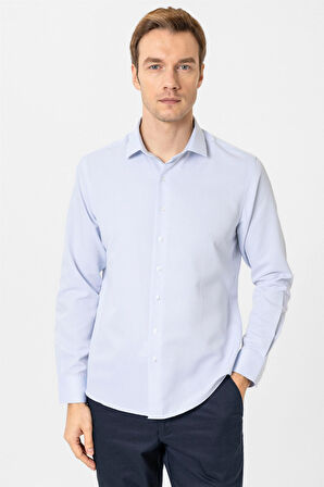 Buz Mavi Slim Fit Armürlü Klasik Yaka Gömlek
