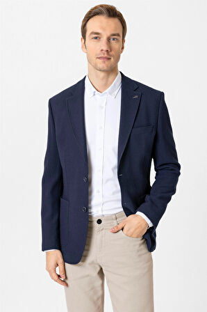 Lacivert Slim Fit Düz Mono Yaka 6 Drop Ceket