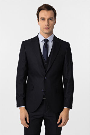 Lacivert Slim Fit Desenli Sivri Yaka 6 Drop Yelekli Klasik Takım Elbise