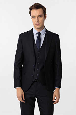 Lacivert Slim Fit Desenli Sivri Yaka 6 Drop Yelekli Klasik Takım Elbise