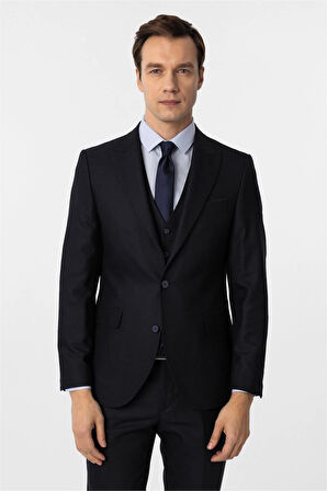 Lacivert Slim Fit Desenli Sivri Yaka 6 Drop Yelekli Klasik Takım Elbise