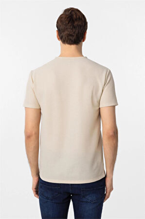 Bej Slim Fit Armürlü Bisiklet Yaka Tişört