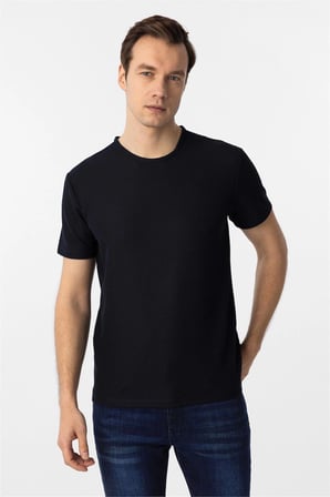 Lacivert Slim Fit Armürlü Bisiklet Yaka Tişört