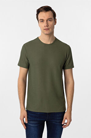 Koyu Haki Slim Fit Armürlü Bisiklet Yaka Tişört