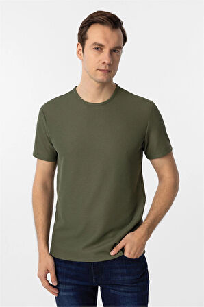 Koyu Haki Slim Fit Armürlü Bisiklet Yaka Tişört