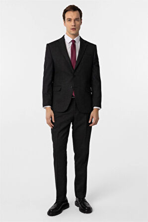 Siyah Regular Desenli Sivri Yaka 4 Drop Klasik Takım Elbise