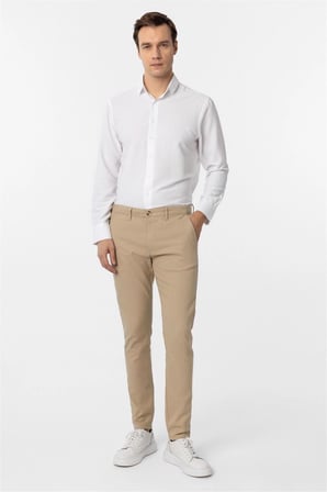 Bej Slim Fit Armürlü Kanvas Pantolon