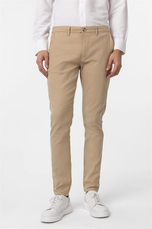 Bej Slim Fit Armürlü Kanvas Pantolon