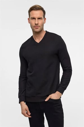 Siyah Regular V Yaka Sweatshirt