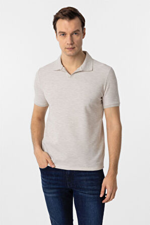 Bej Slim Fit Armürlü Polo Yaka Tişört