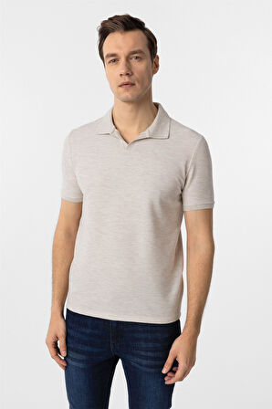 Bej Slim Fit Armürlü Polo Yaka Tişört