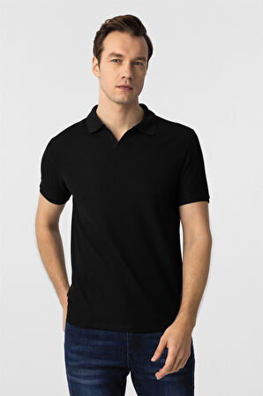 Siyah Slim Fit Armürlü Polo Yaka Tişört