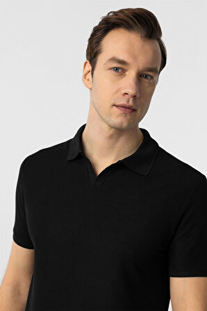 Siyah Slim Fit Armürlü Polo Yaka Tişört