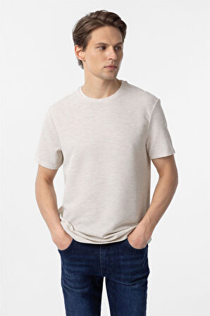 Bej Regular Armürlü Bisiklet Yaka Tişört