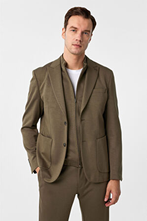 Haki Slim Fit Düz Sivri Yaka 6 Drop Spor Takım Elbise