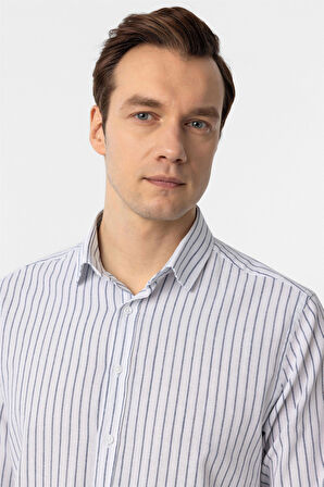 Lacivert Regular Fit Düz Düğmeli Yaka Çizgili Gömlek