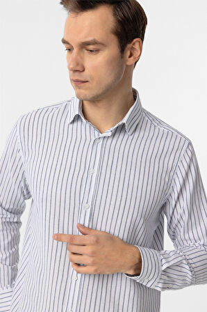 Lacivert Regular Fit Düz Düğmeli Yaka Çizgili Gömlek