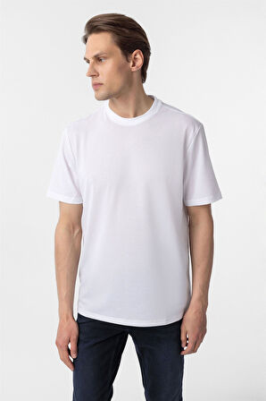 Beyaz Slim Fit Armürlü Bisiklet Yaka Tişört