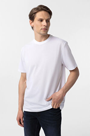 Beyaz Slim Fit Armürlü Bisiklet Yaka Tişört