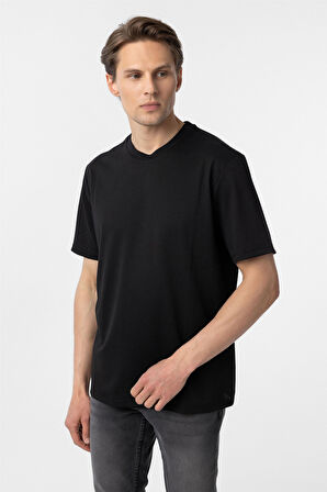 Siyah Slim Fit Armürlü Bisiklet Yaka Tişört