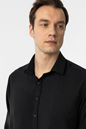 Siyah Slim Fit Düz Klasik Yaka Gömlek