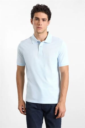 Açık Mavi Regular Düz Baskısız Pike Düğmeli Polo Yaka Tişört