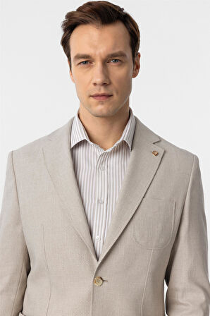 Bej Slim Fit Armürlü Mono Yaka 6 Drop Ceket