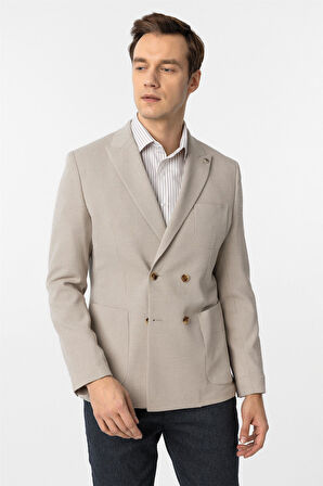 Bej Slim Fit Baskılı Kruvaze Yaka 6 Drop Ceket