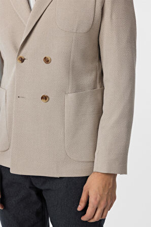 Bej Slim Fit Baskılı Kruvaze Yaka 6 Drop Ceket