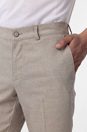 Bej Regular Armürlü Kanvas Pantolon