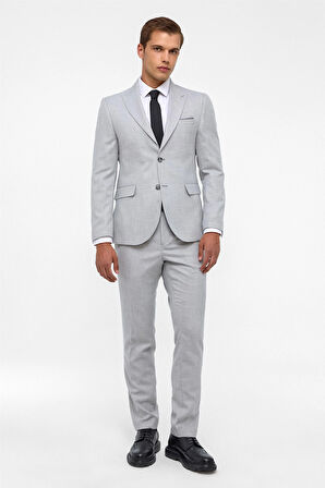 Gri Slim Fit Desenli Sivri Yaka 6 Drop Klasik Takım Elbise