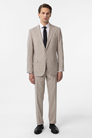 Bej Regular Desenli 6 Drop Klasik Takım Elbise