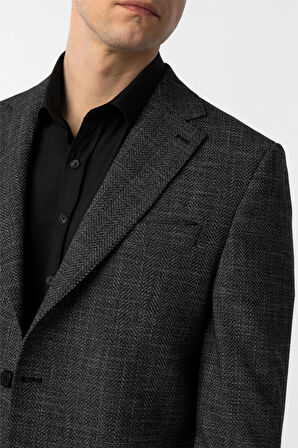 Siyah Regular Fit Desenli Mono Yaka 4 Drop Ceket