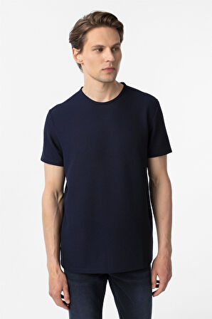 Lacivert Slim Fit Armürlü Bisiklet Yaka Tişört