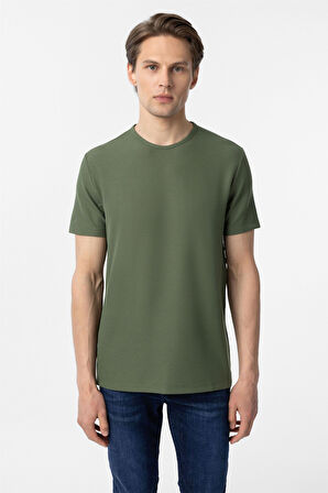 Koyu Haki Slim Fit Armürlü Bisiklet Yaka Tişört