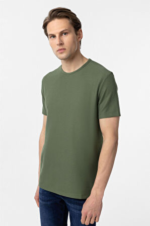 Koyu Haki Slim Fit Armürlü Bisiklet Yaka Tişört