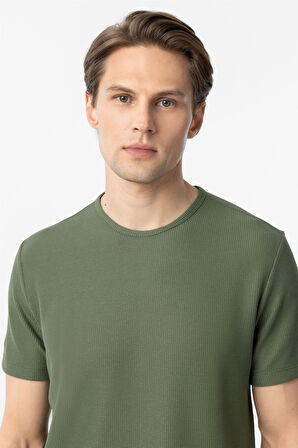 Koyu Haki Slim Fit Armürlü Bisiklet Yaka Tişört