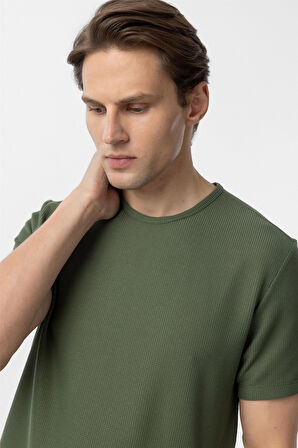 Koyu Haki Slim Fit Armürlü Bisiklet Yaka Tişört