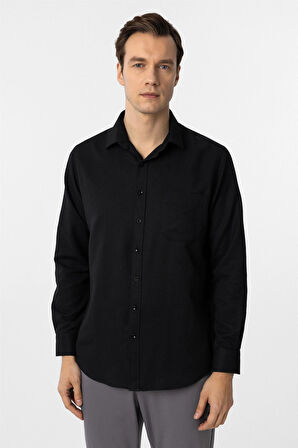 Siyah Regular Fit Armürlü Klasik Yaka Gömlek