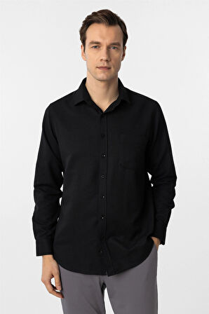 Siyah Regular Fit Armürlü Klasik Yaka Gömlek